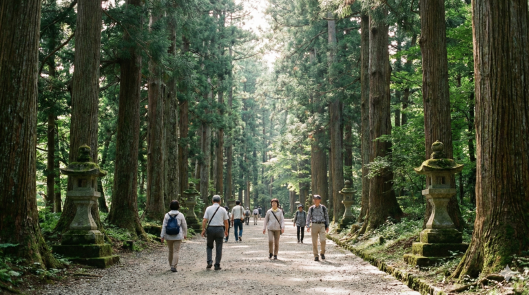 世界遺産・中尊寺の表参道「月見坂」にそびえ立つ巨大な杉並木と、坂を登る日本人参拝者の様子