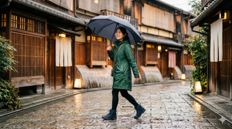 雨に濡れた金沢のひがし茶屋街を、傘と防水ブーツで快適に散策する日本人女性旅行者