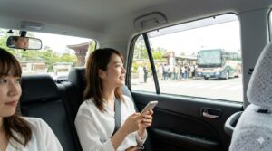 金沢で混雑するバスを避け、タクシーの車窓から街を楽しむ日本人女性
