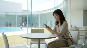 金沢21世紀美術館で、朝一番にスマートフォンの画面を確認し、プール予約に成功した日本人女性