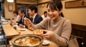 金沢のおでん屋で、カニ面を前にして満面の笑みを浮かべる日本人女性