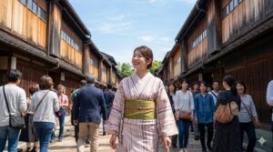 昼間のひがし茶屋街で、多くの観光客と一緒に活気ある雰囲気を楽しむ着物姿の日本人女性