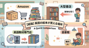 4つの主要な購入先（Amazon、大型書店、専門店、図書館）を、親しみやすいデジタルのイラストでまとめました。それぞれの特徴（「実物を見て」「CD付き」など）をアイコンと簡単な日本語で示し、比較表の導入として機能するように構成しています。