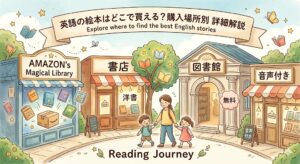 複数の購入先（Amazon、大型書店、専門店、図書館）を、親しみやすいデジタルのイラストでまとめました。それぞれの特徴（「実物を見て」「CD付き」など）をアイコンと簡単な日本語で示し、比較表の導入として機能するように構成しています。
