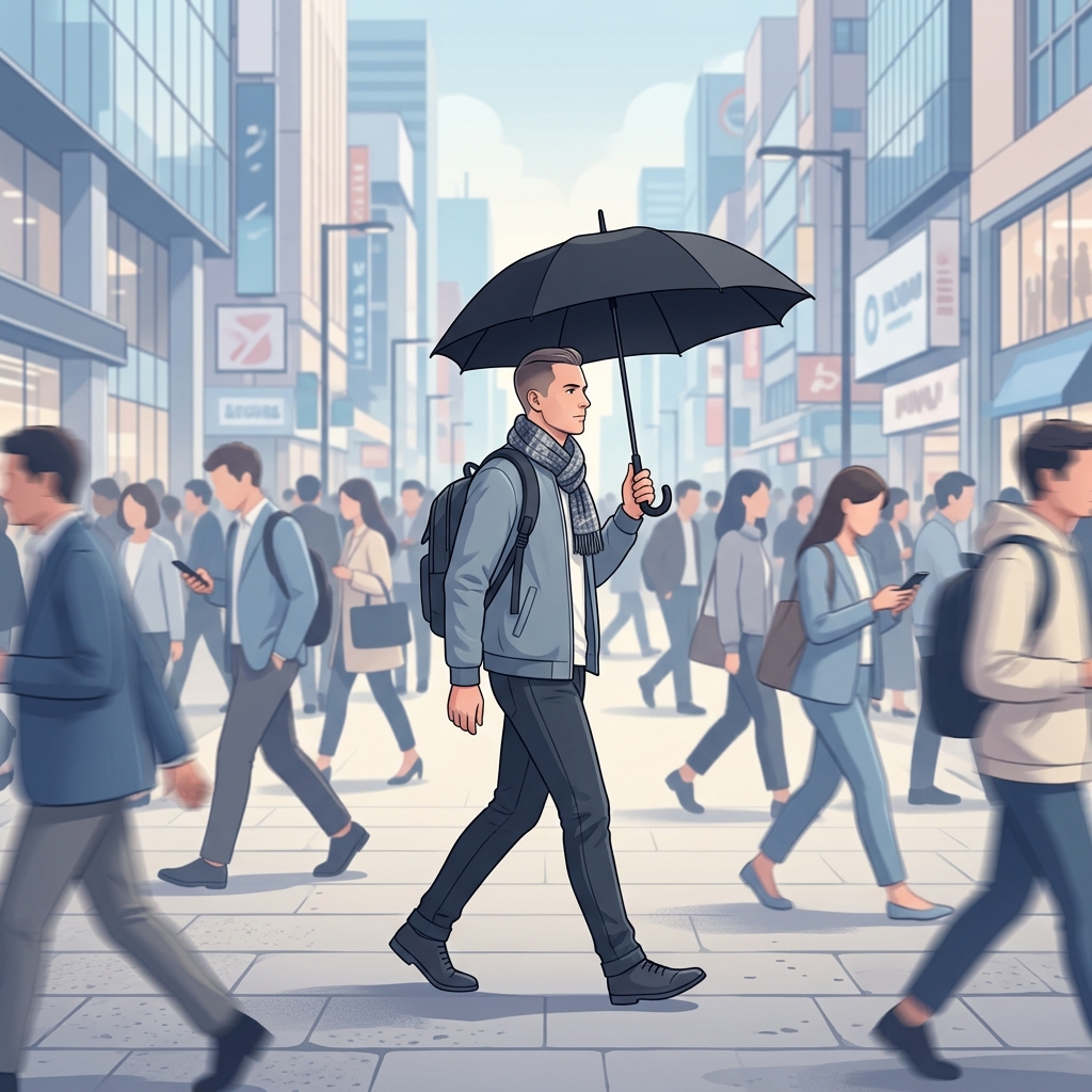 メンズ日傘が恥ずかしいと感じる心理「スポットライト効果」の解説イラスト