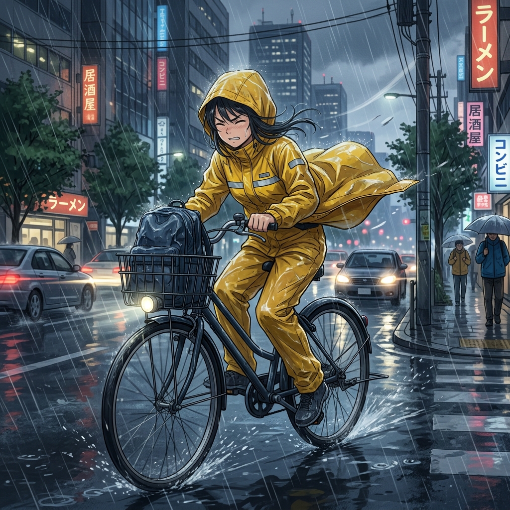 雨の日に自転車に乗り、風でレインコートの裾がめくれそうになっているイメージ