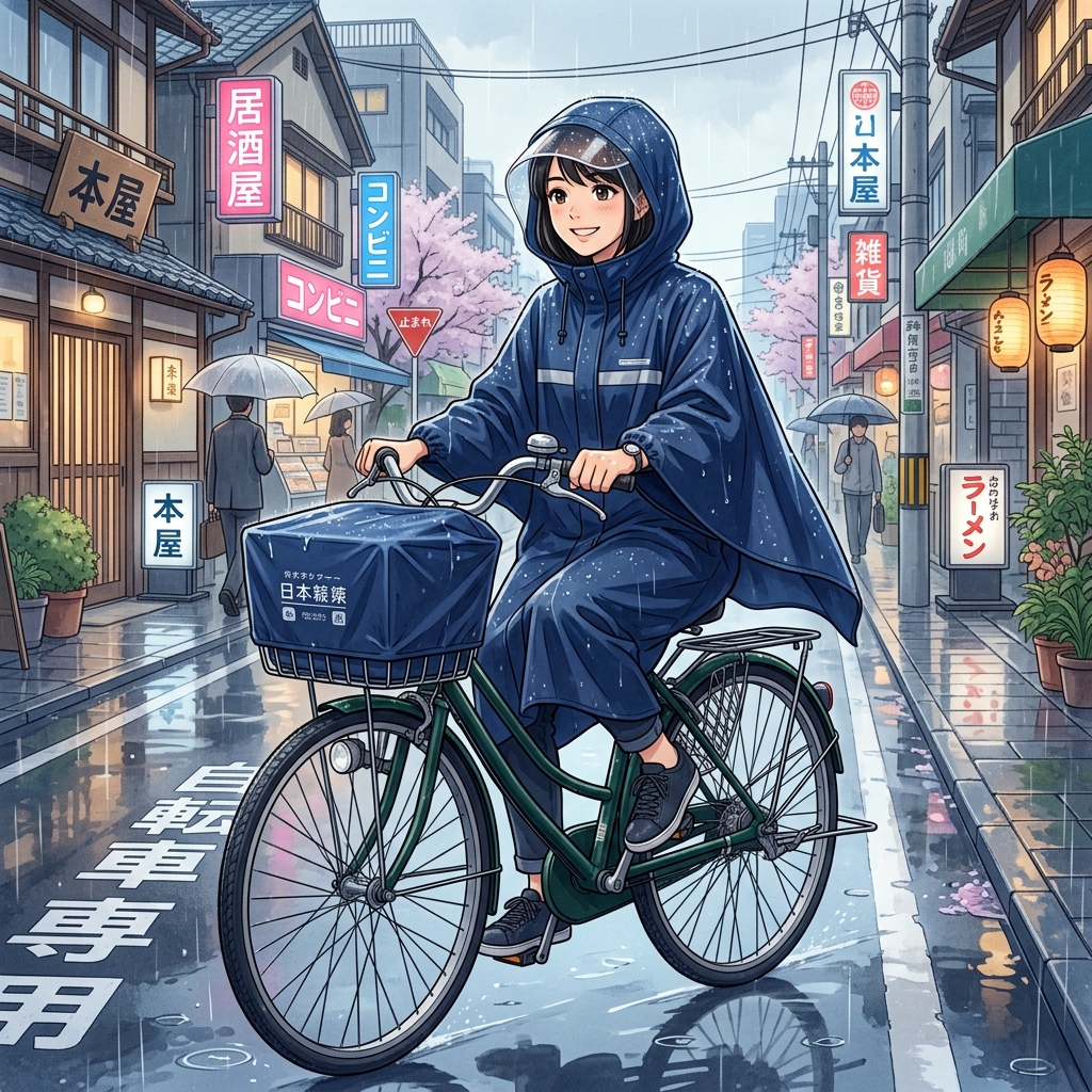 雨の中、バイザー付きのおしゃれなレインコートを着て快適に自転車を漕ぐ女性のイメージ