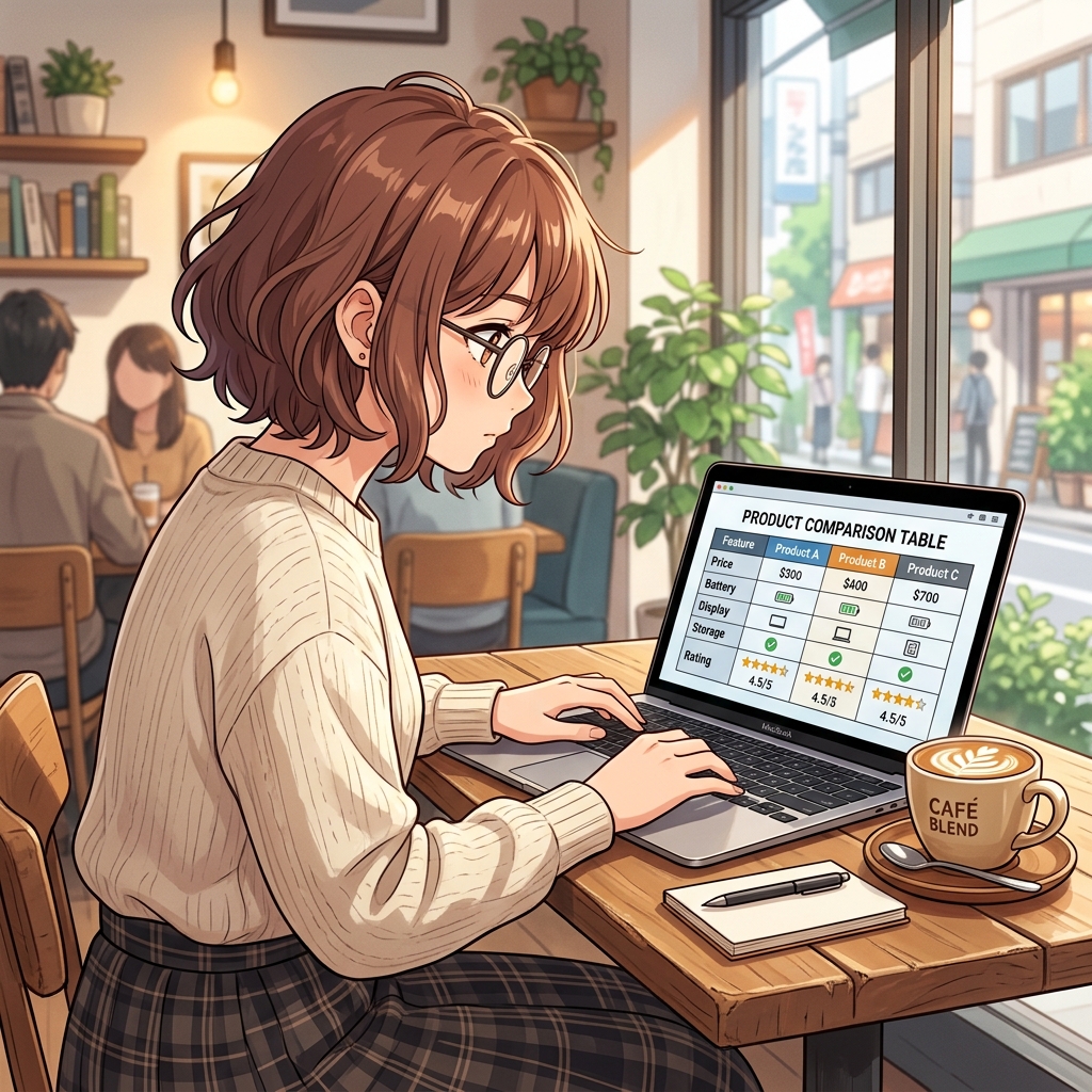 ノートパソコンでレインコートのスペック比較表をチェックしているイメージ
