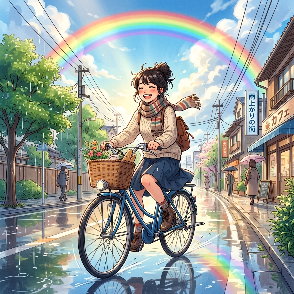 雨上がりの虹の下、快適そうに自転車で走る笑顔の女性のイメージ