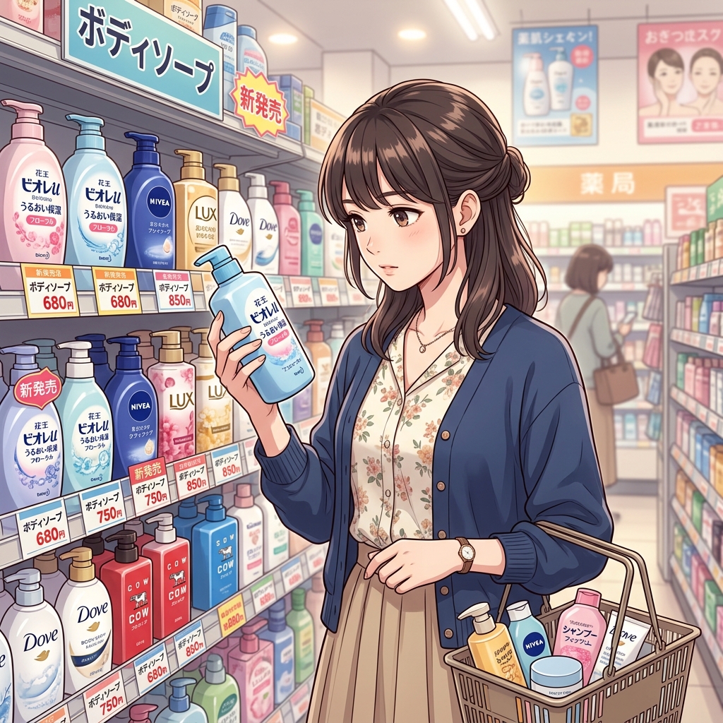 ドラッグストアで成分表示を確かめながらボディソープを選ぶ女性のイメージ