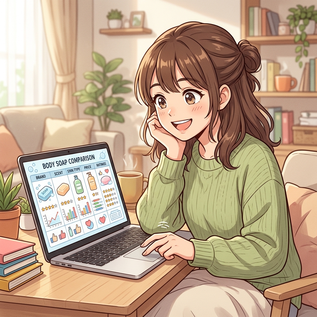 ノートパソコンでボディソープの成分や価格比較表をチェックしているイメージ