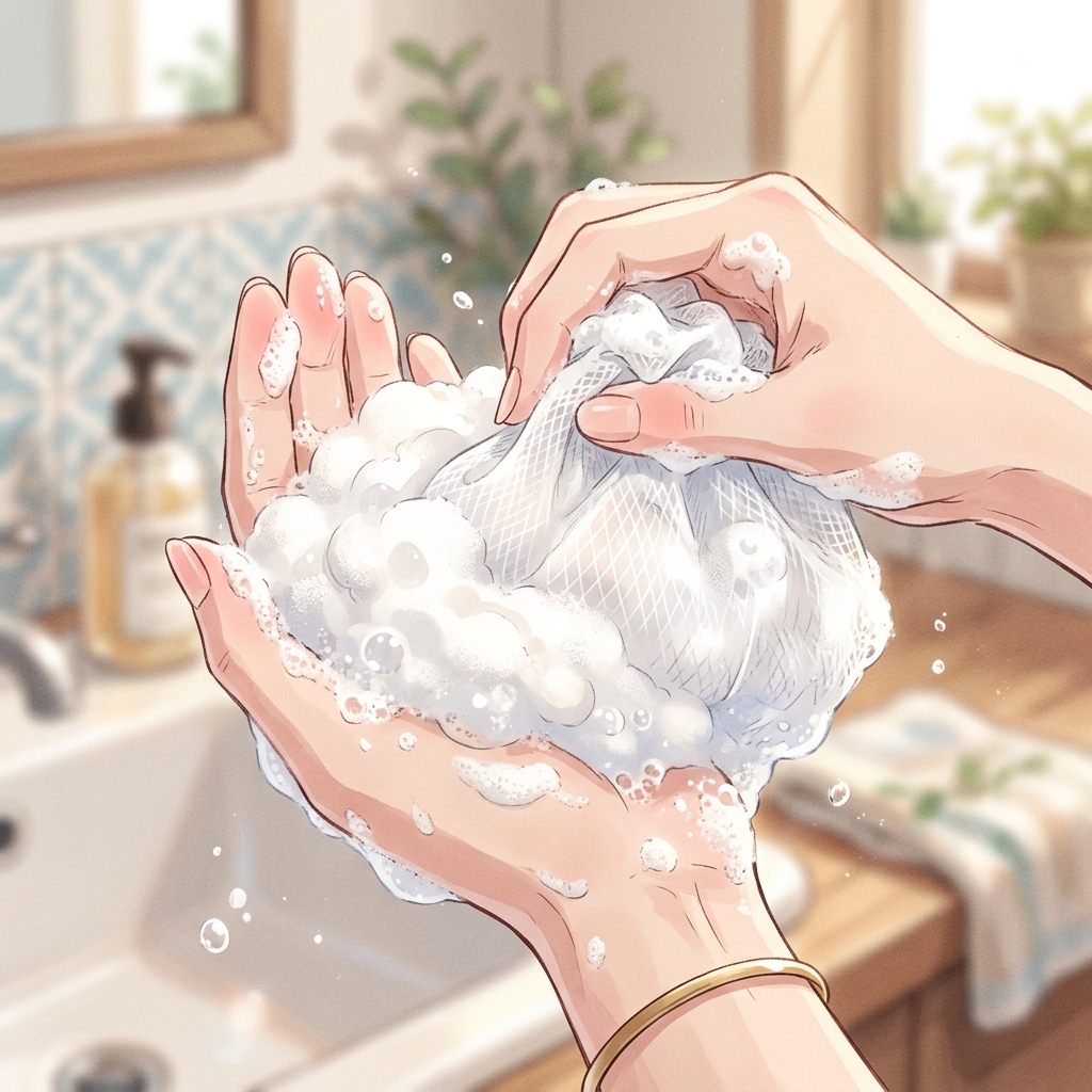 泡立てネットでもこもこの泡を作り優しく肌を洗うイメージ
