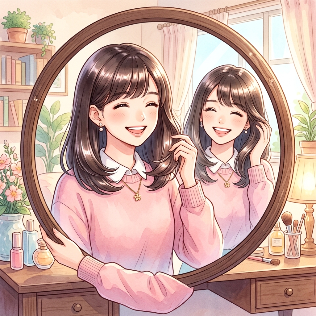 髪を乾かした後に鏡を見ながら仕上がりの良さに満足して笑顔になっている女性