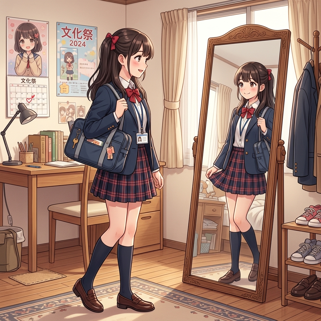服装選びの鏡の前で派手すぎないか確認している女性のイメージ