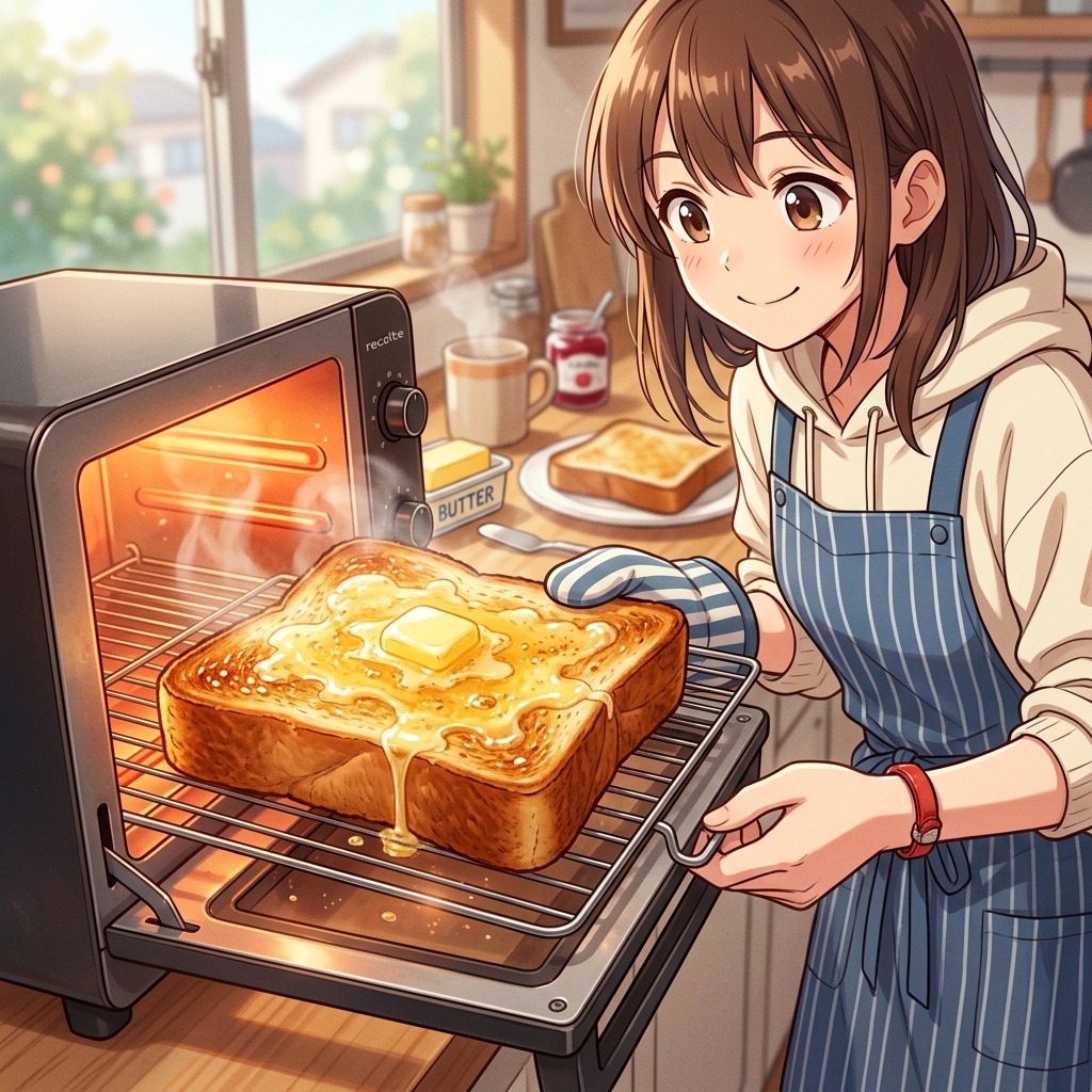 トースターから焼き立てのサクサク・モチモチのトーストを取り出しているイメージ