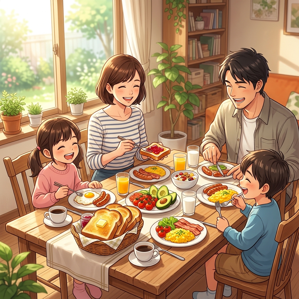 おしゃれなダイニングで家族と美味しい朝食やノンフライ料理を楽しんでいるイメージ