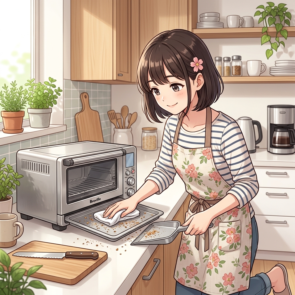 トースターのトレーや網を取り外して拭き掃除をしている丁寧なお手入れのイメージ