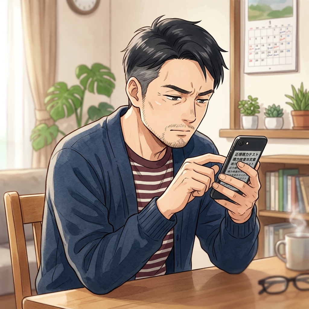 手元のスマートフォンや本を見つめながら視界を確かめているイメージ