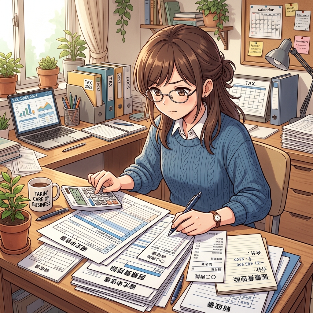 医療費控除の書類や電卓を前に計算しているイメージ