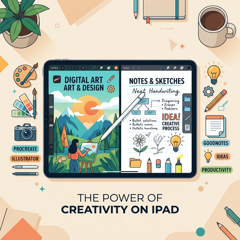iPadとApple Pencilを使いデジタルノートやイラスト制作を楽しむ様子