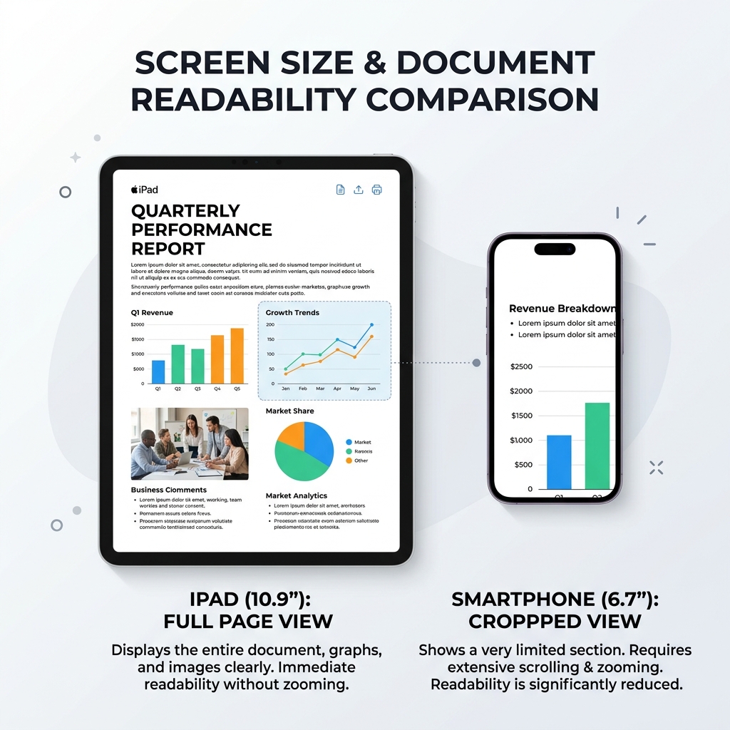 iPadの大画面とスマホの小画面での表示範囲や視認性の違いの比較