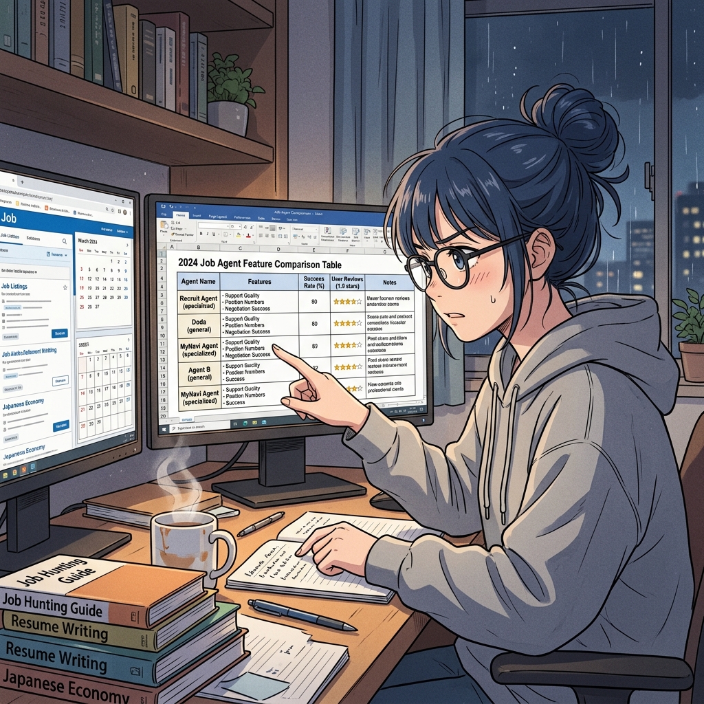 ノートパソコンで転職サイト10選の求人数や対象年収比較表をチェックしているイメージ