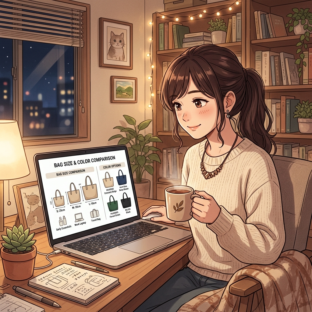 ノートPCでバッグのカラーやサイズ比較表をチェックしている女性