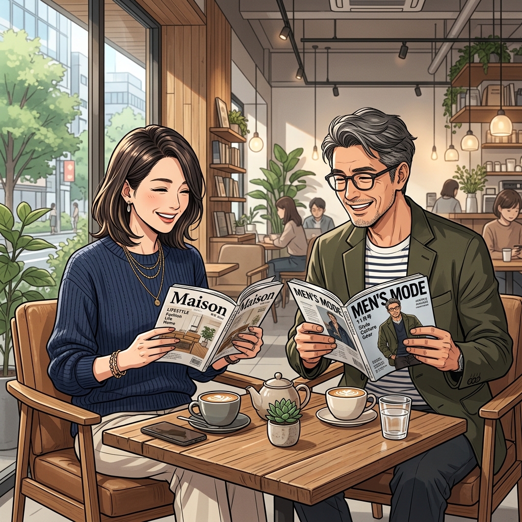 おしゃれなカフェやリビングでファッション雑誌をめくって読んでいる40代男女のイメージ