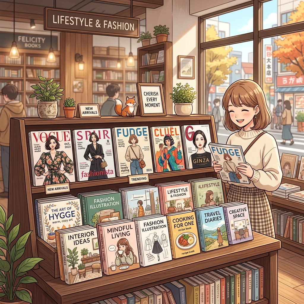 STORYやMarisol、GLOWなどのレディースファッション誌が並ぶ書店のイメージ