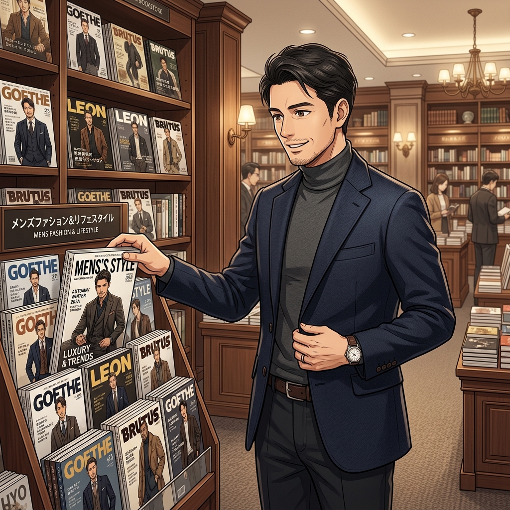 OCEANSやLEON、UOMOなどのメンズファッション誌が並ぶおしゃれな書店のイメージ