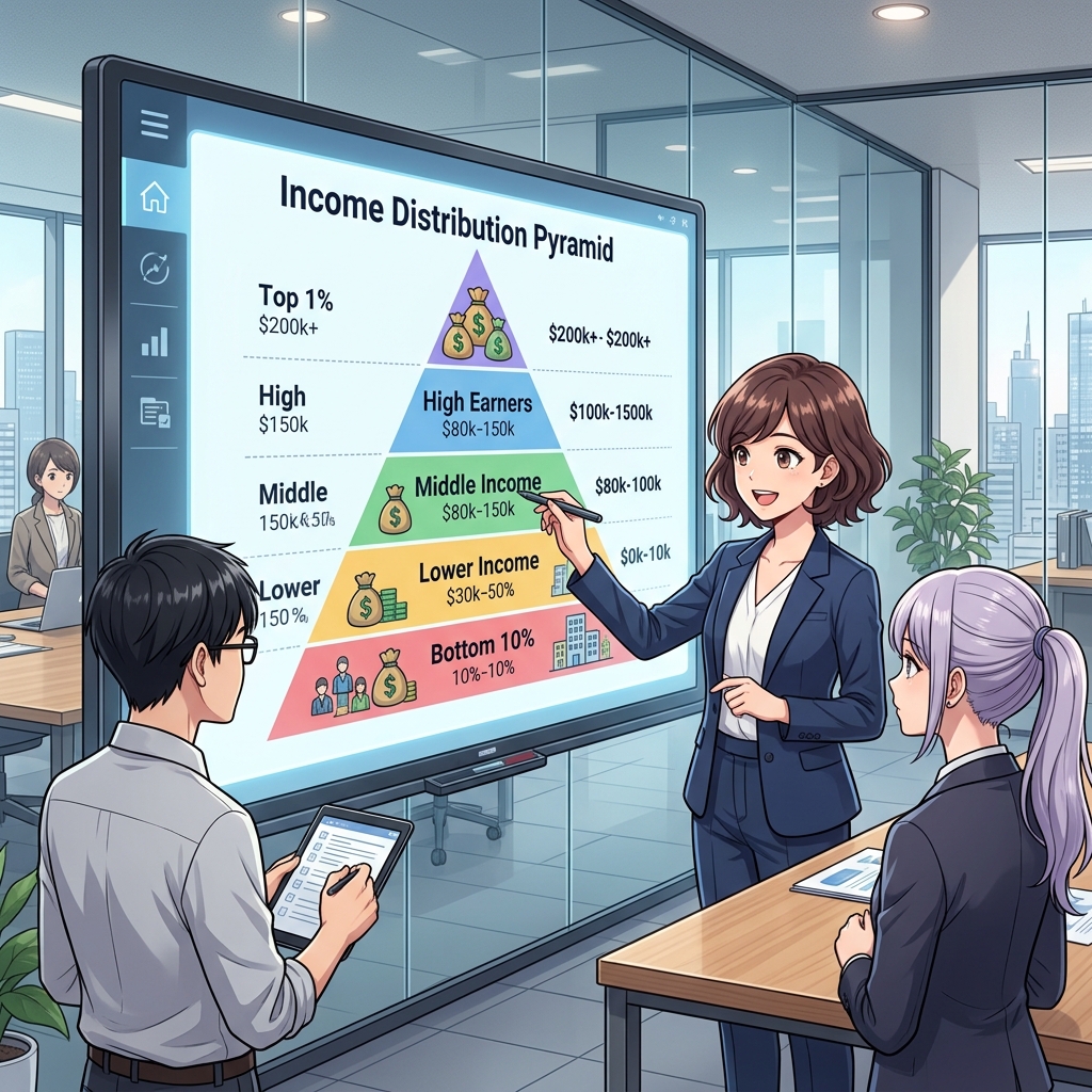 年収ピラミッドや給料分布図がグラフィカルに描かれているビジネスイメージ