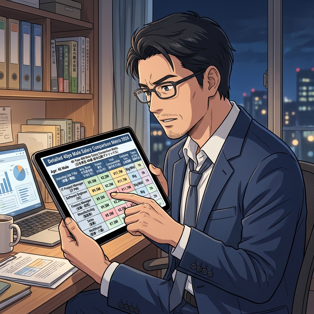 タブレットで40代男性の企業規模別・役職別年収比較表をチェックしているイメージ