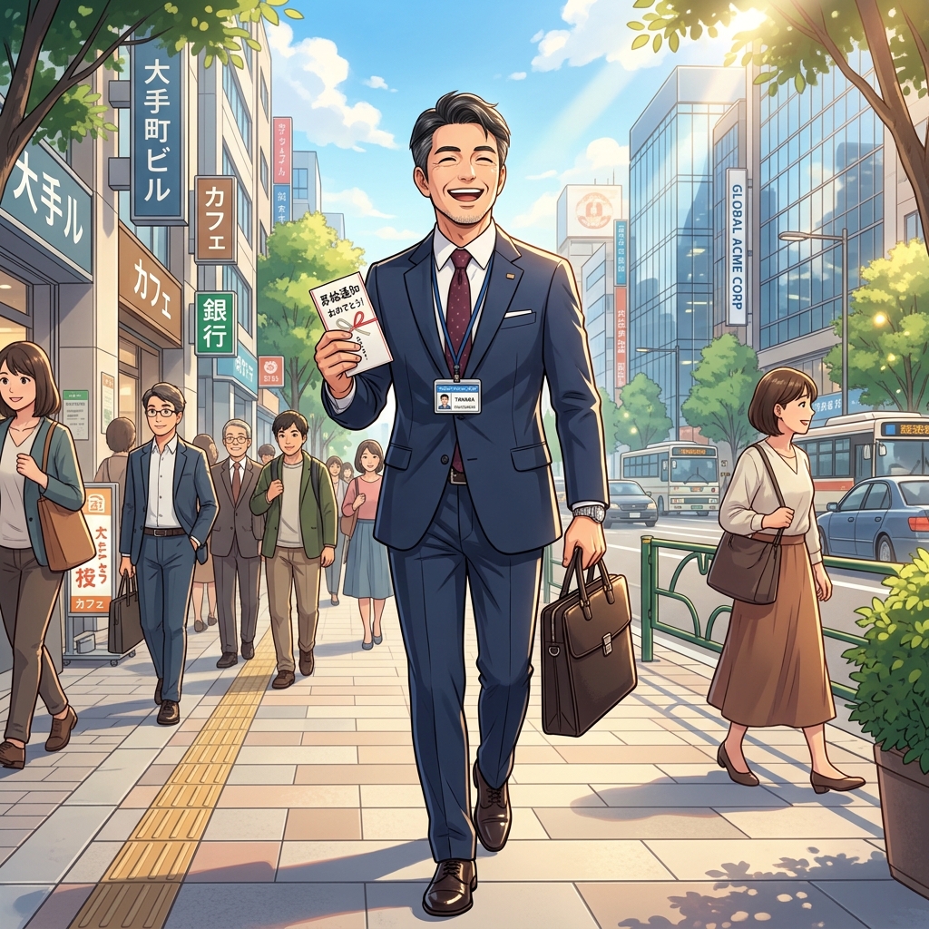 転職や昇進で年収アップを達成し自信に満ちて笑顔で歩く40代男性のイメージ