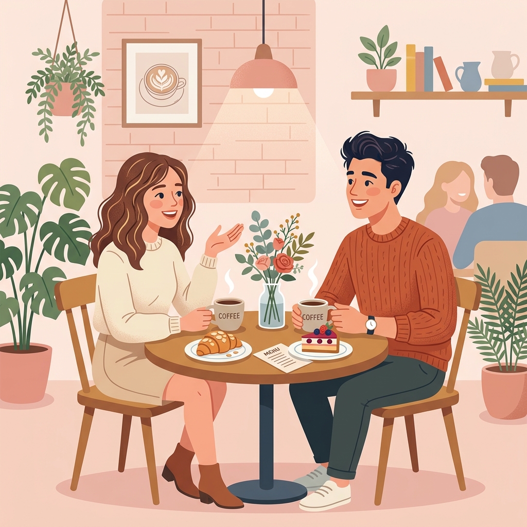 美味しいカフェのテーブルを挟んで楽しそうに会話する初デートの男女のイメージ