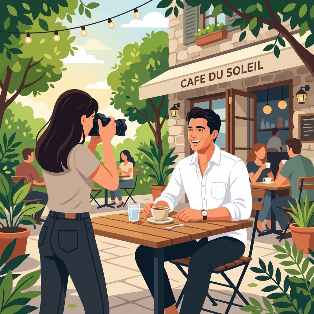カフェのテラス席で他人に写真を撮ってもらう爽やかで清潔感のある男性のイメージ