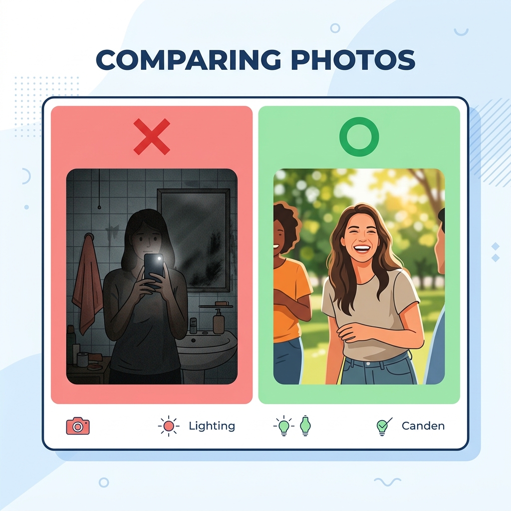 鏡越しの自撮りなどのNG写真と爽やかな屋外のOK写真の対比のイメージ