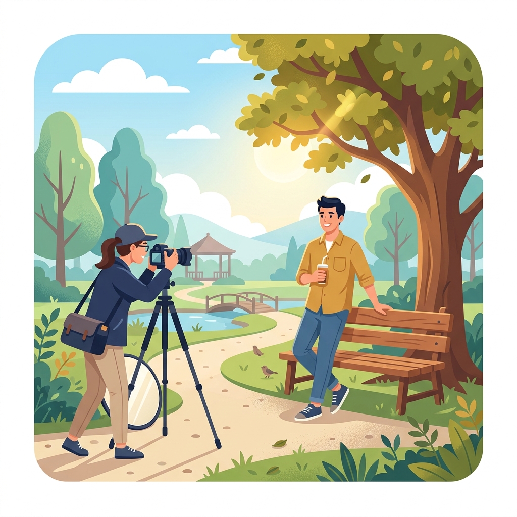 公園でプロのフォトグラファーに好印象なプロフィール写真を撮影してもらう様子