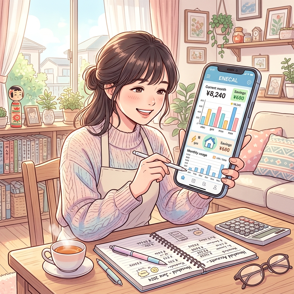 日本人女性がスマホの家計簿アプリを見ながら嬉しそうに電気代を計算しているイメージ