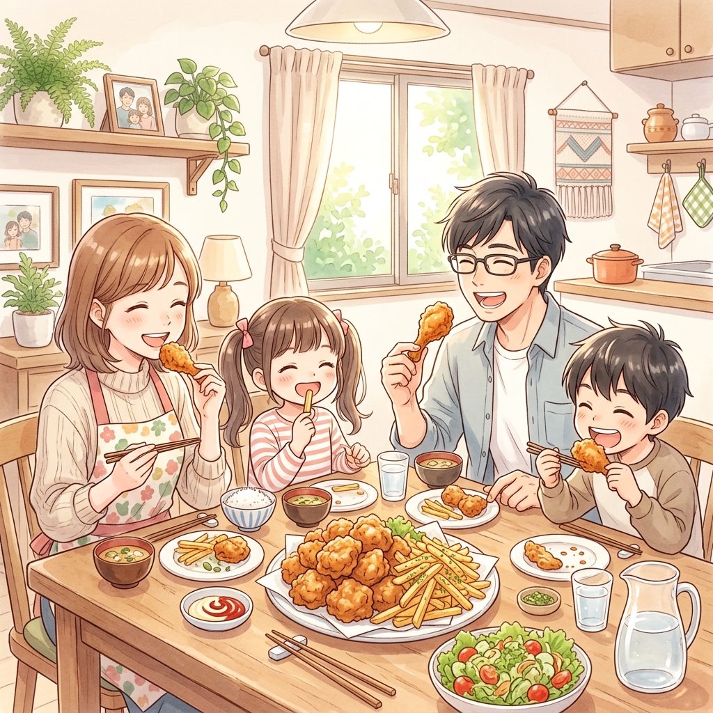 家族で楽しそうにテーブルを囲みサクサクのフライドチキンやポテトを食べているイメージ