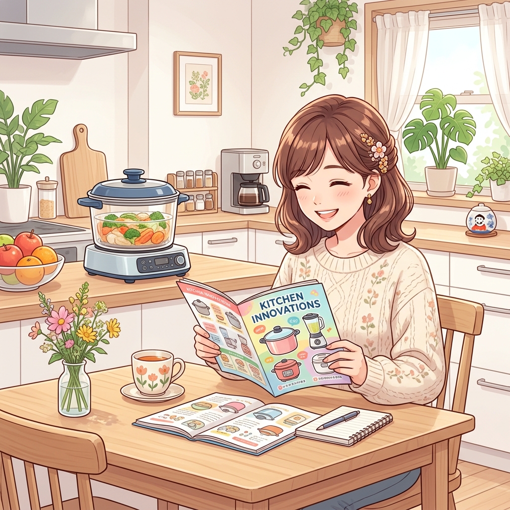 キッチンのカウンターに置かれたガラス製のクッカーと製品パンフレットを読む女性のイメージ