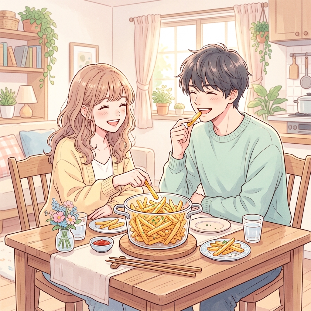 ガラス容器のままテーブルの真ん中に料理を出し美味しそうに食べているカップルのイメージ