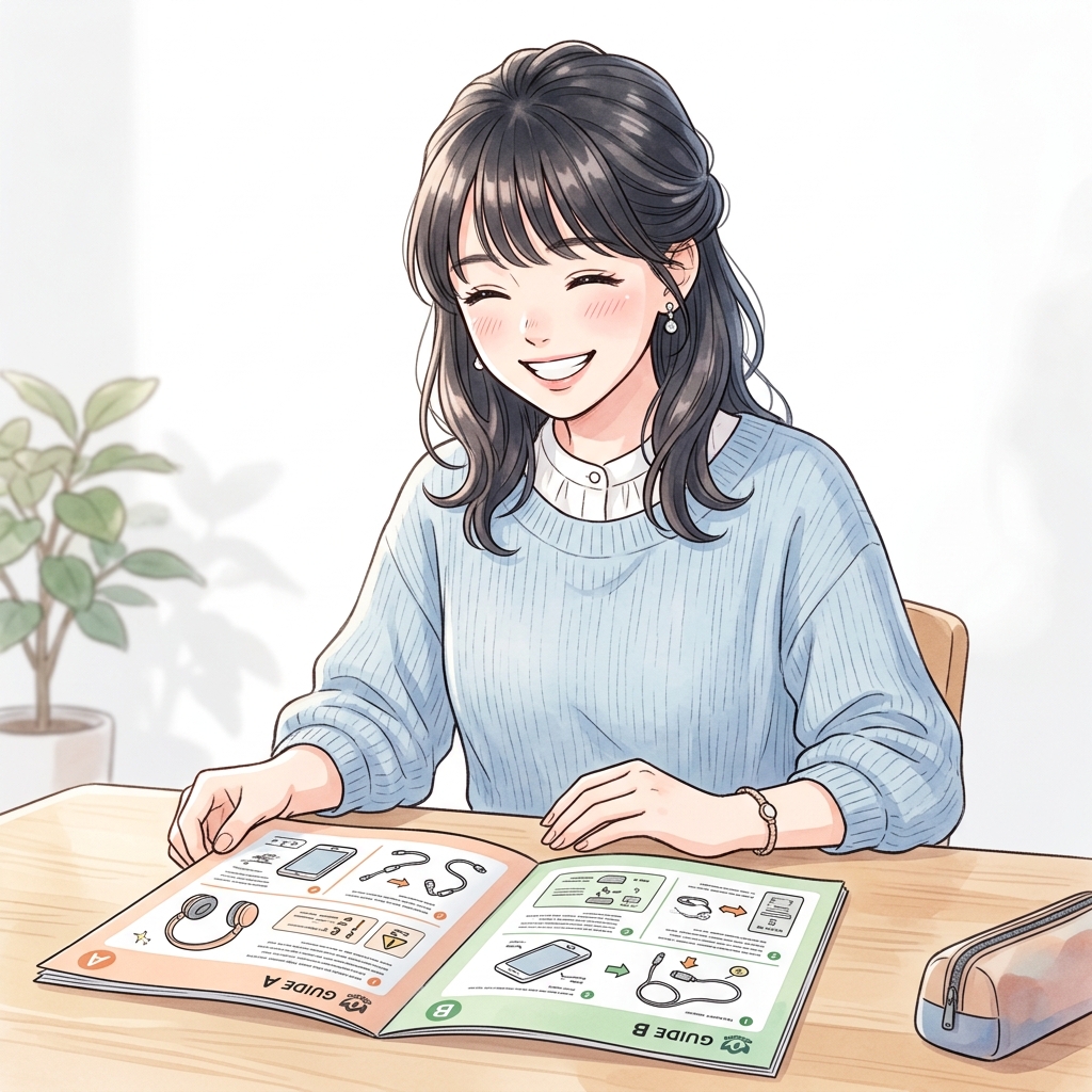 笑顔で型番の異なる説明書を見比べて納得している日本人女性のイメージ