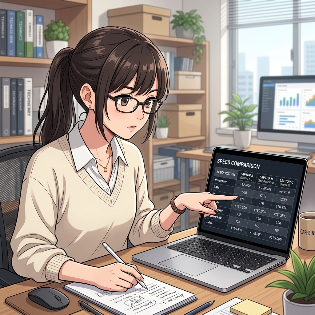 スペック比較表やデータを指差しながら比較分析しているイメージ