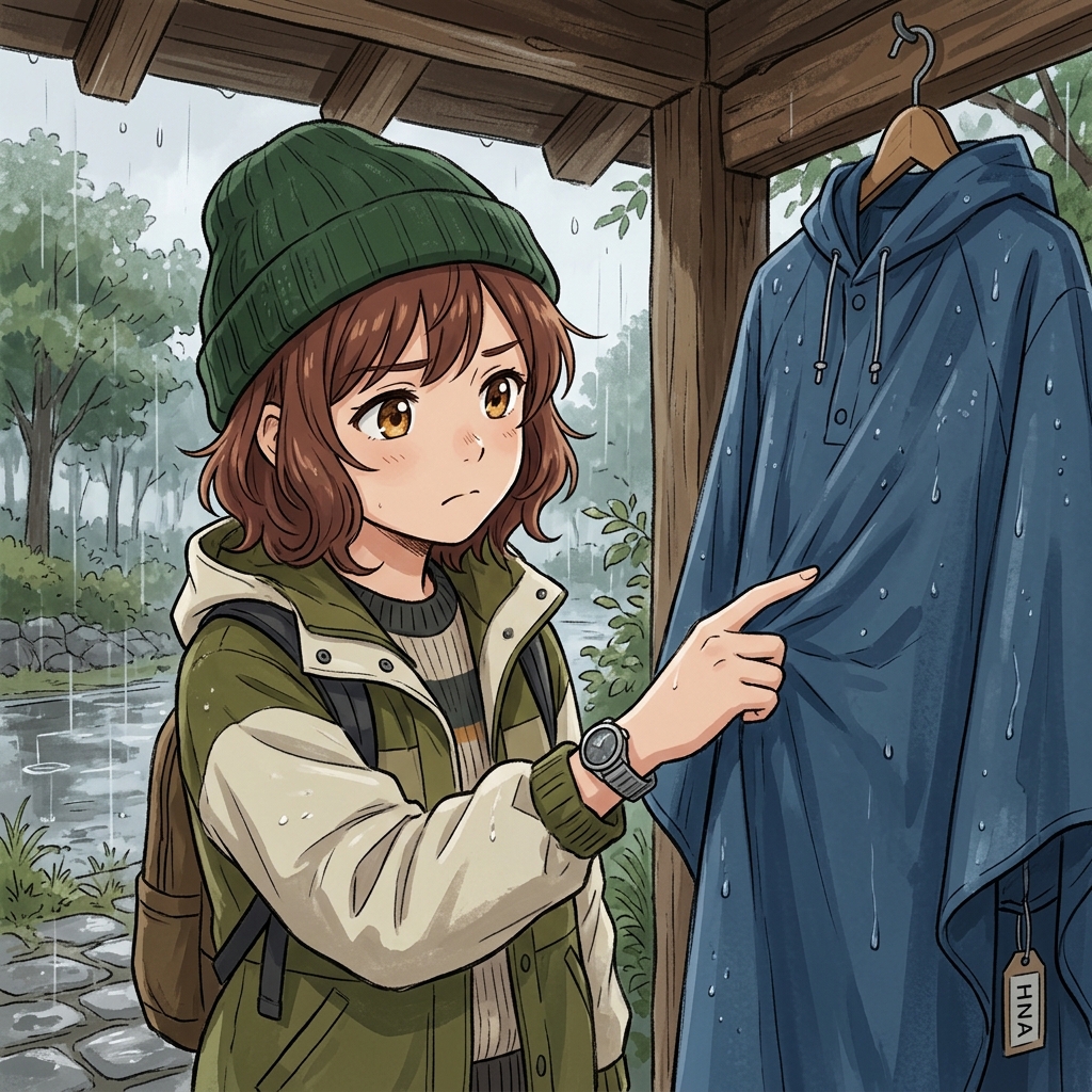 濡れたポンチョを広げて中の服に水気が移らないかチェックしている様子のイメージ