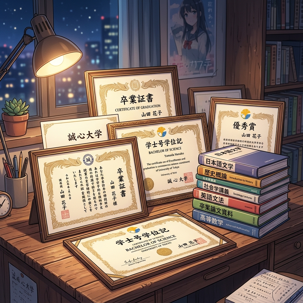 宅建や簿記、登録販売者などの資格証明書やテキストが並ぶ仕事部屋のイメージ
