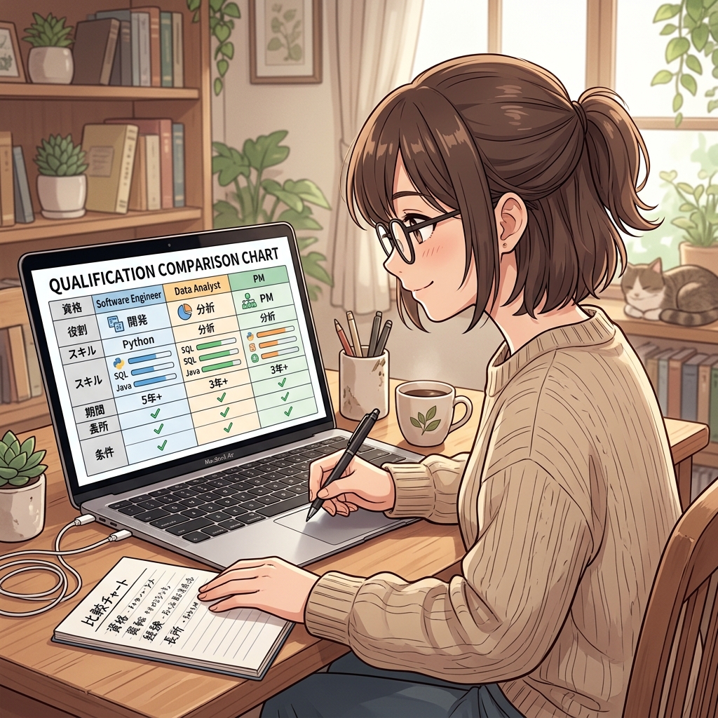 ノートパソコンで資格の難易度や平均年収比較表をチェックしているイメージ