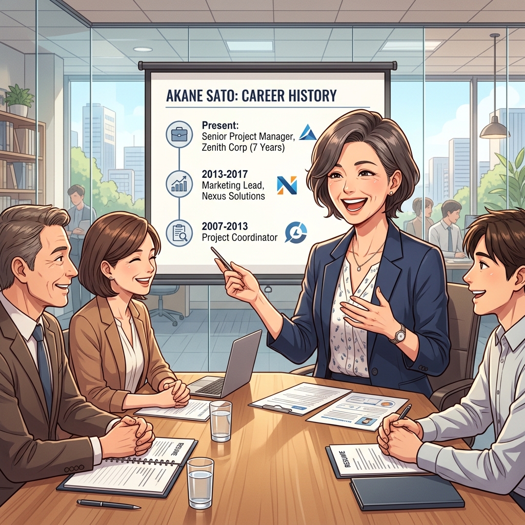 面接官と対面し自信を持って自己PRする40代求職者のイメージ