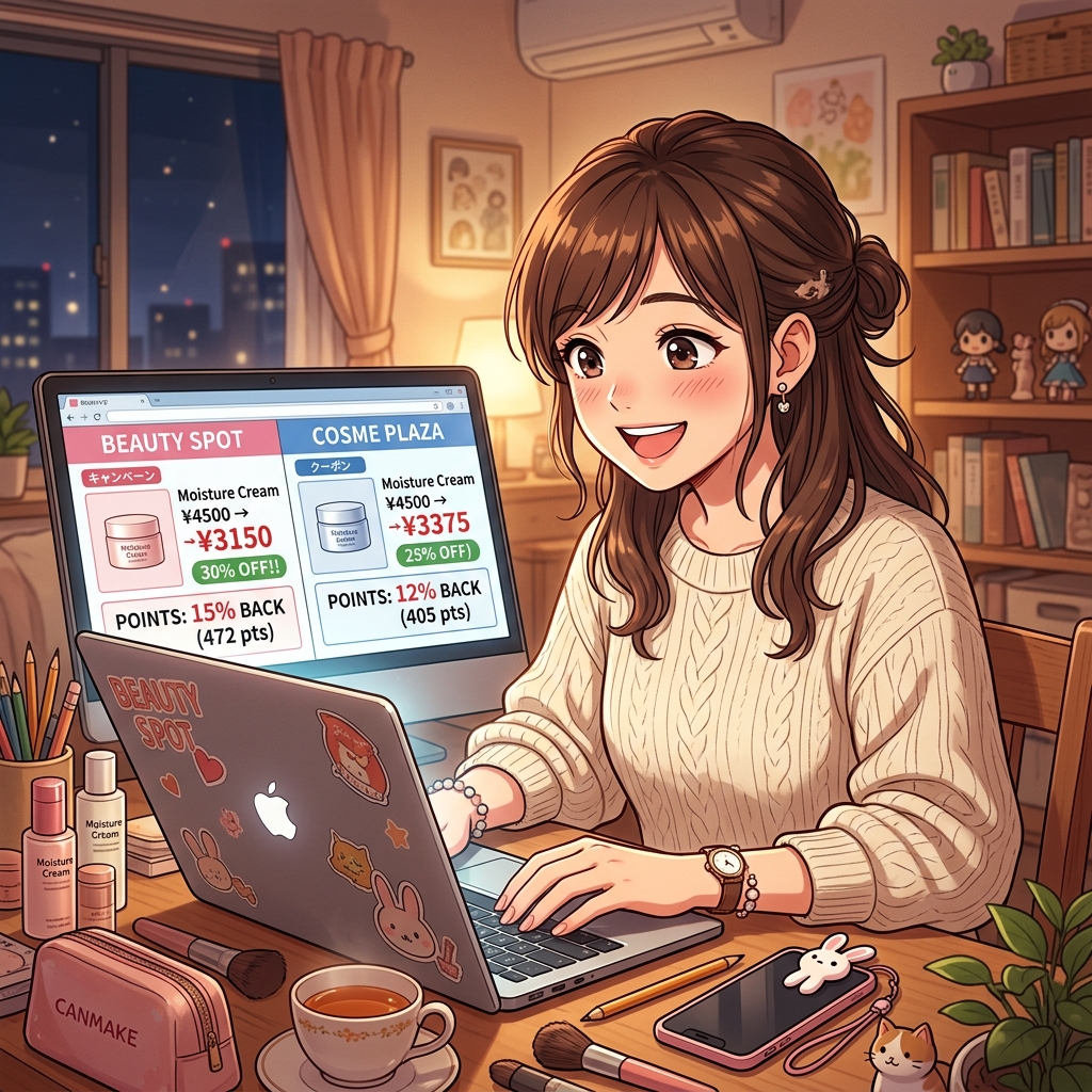 ノートパソコンでネット通販の価格や還元ポイントをチェックして喜ぶ女性のイメージ