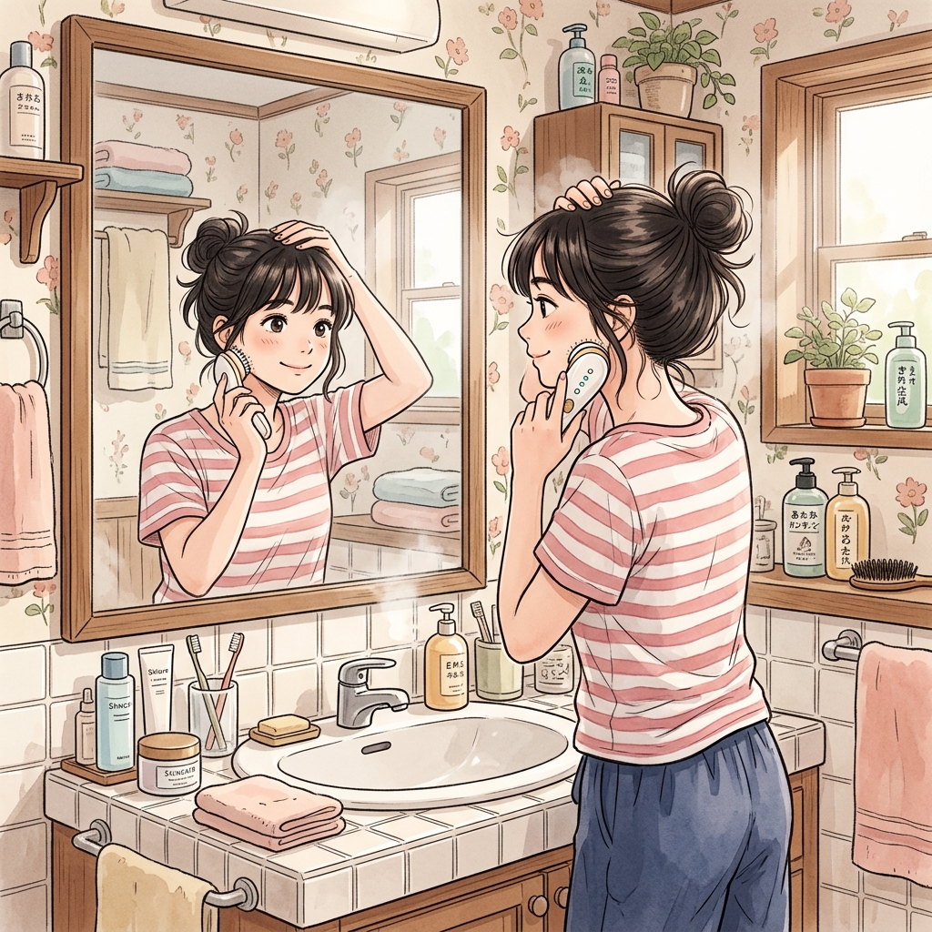 洗面所で鏡を見ながらサロニアEMSリフトブラシで頭皮や顔をケアする女性のイメージ
