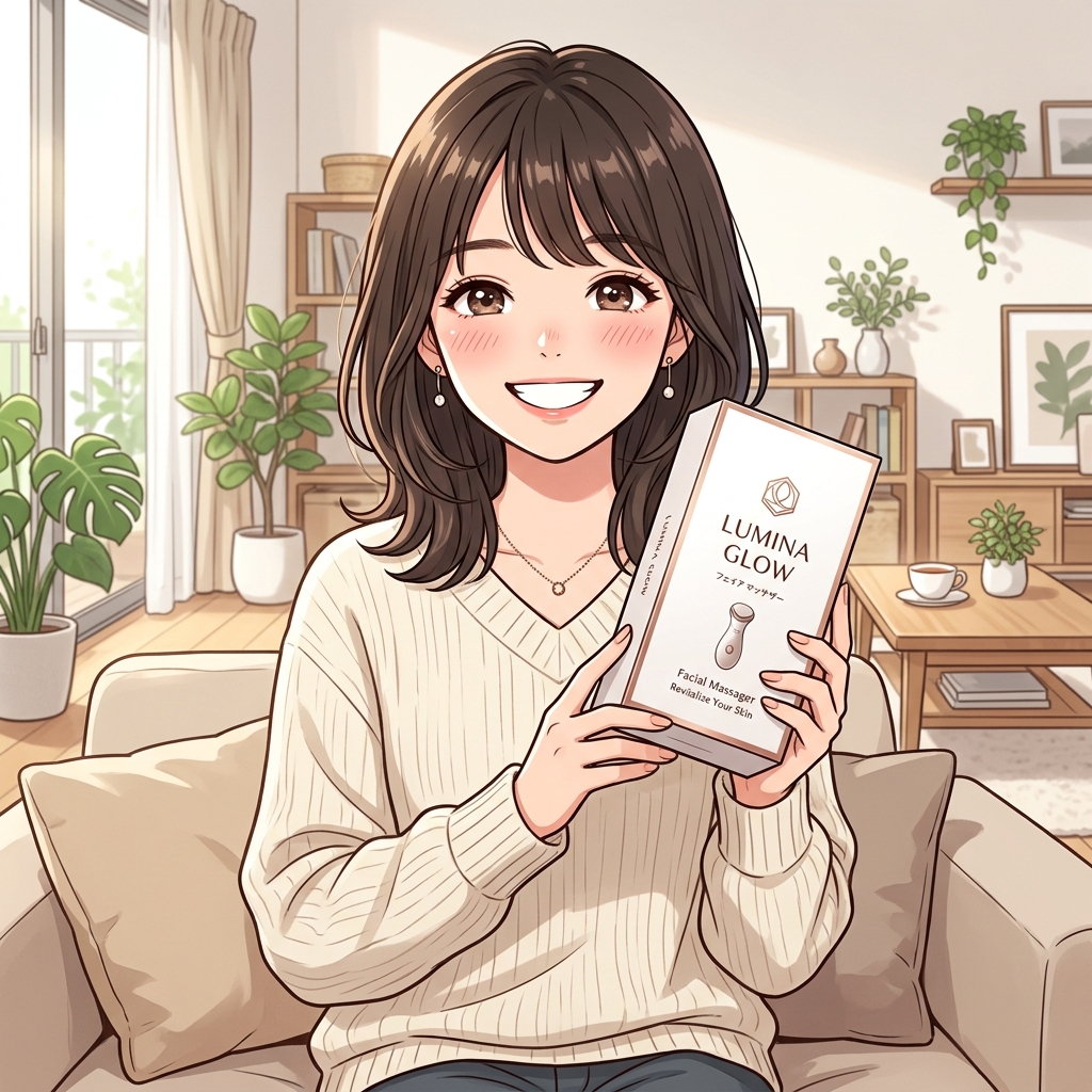 お気に入りの美顔器を手にして満足そうに笑顔を見せる女性のイメージ